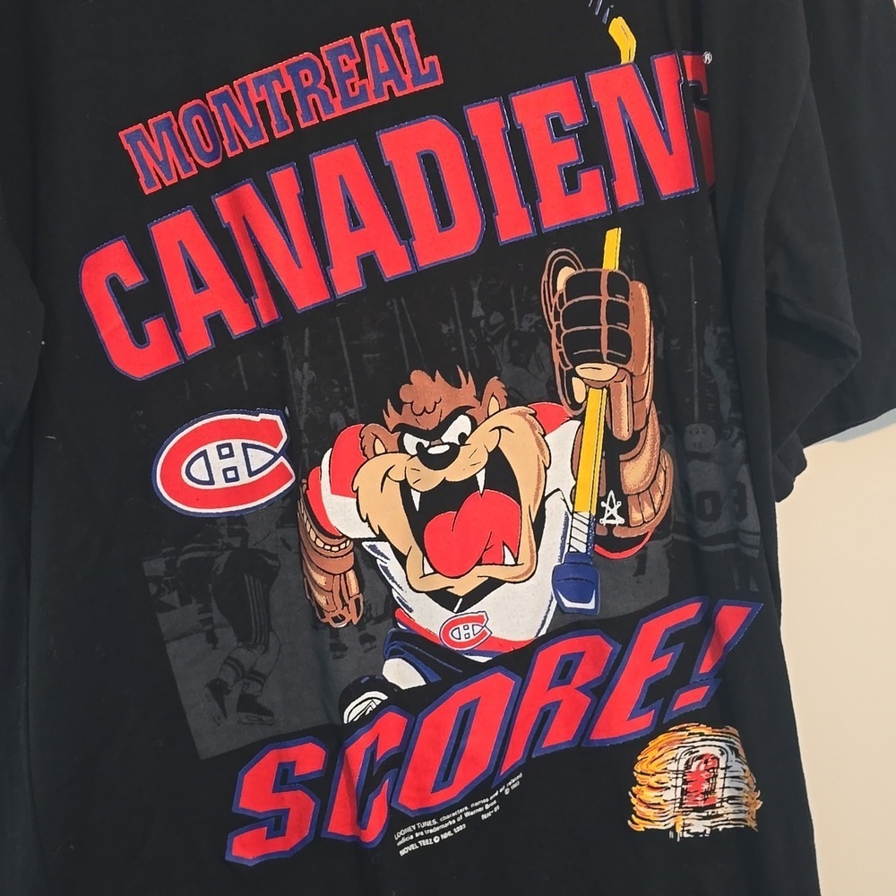 Vintage 1993 Taz Looney Tunes Montreal Canadians Habs Black Graphic T-Shirt - Picture 3 of 6